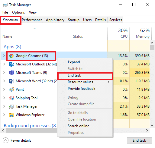 In the Task Manager window, click on the Processes tab