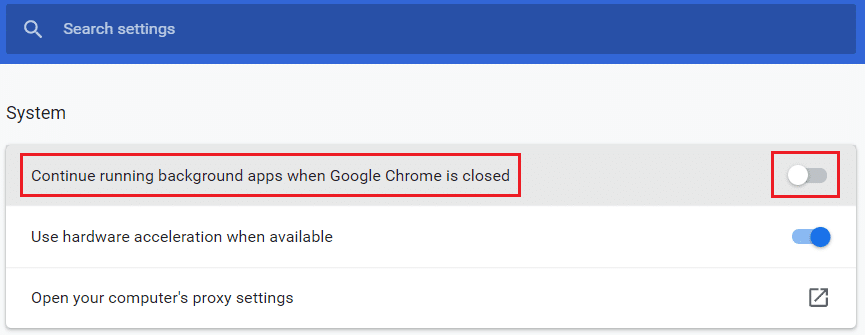 Switch off the toggle for Continue running background apps when Google Chrome option in Chrome System Settings