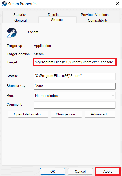 Add -console at the end of the existing Steam path address