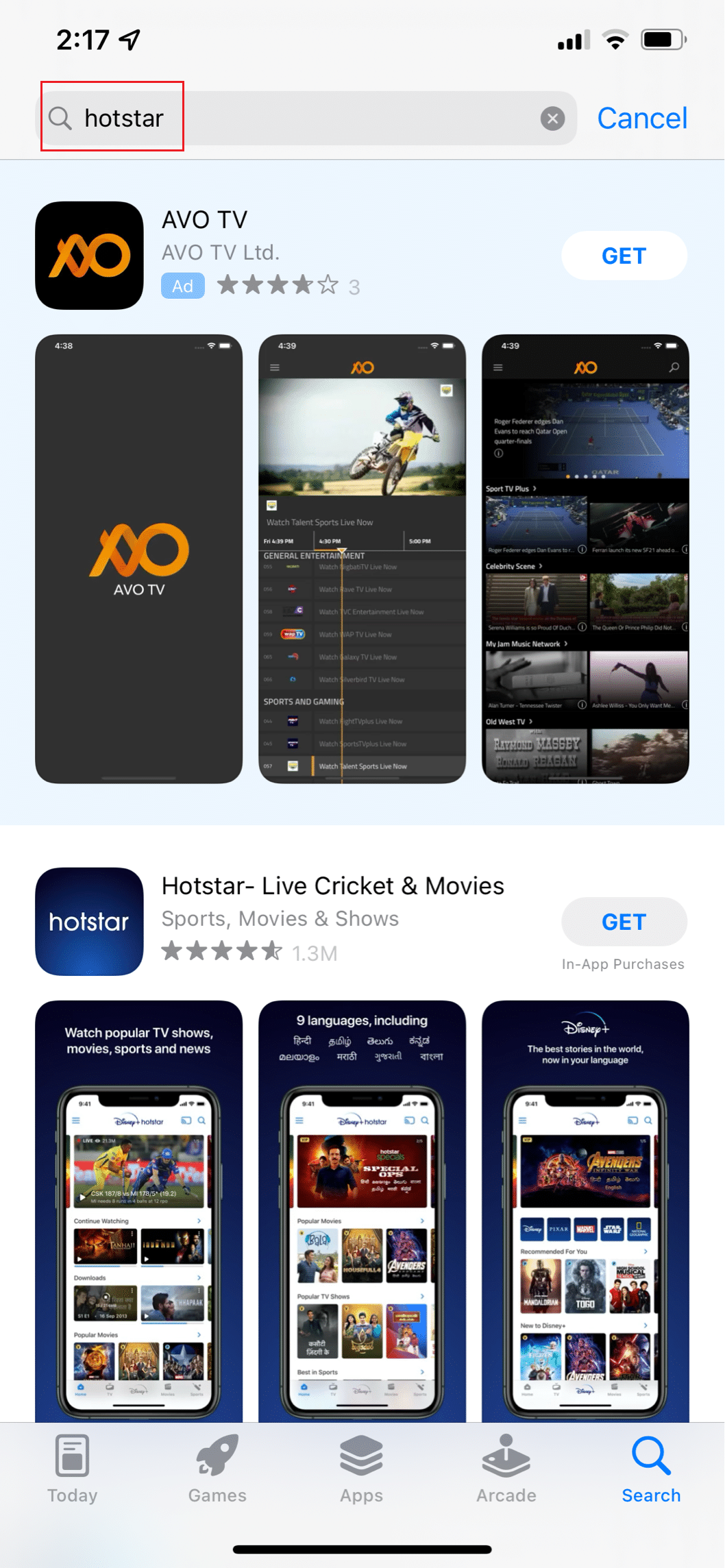 search for hotstar in appstore iPhone