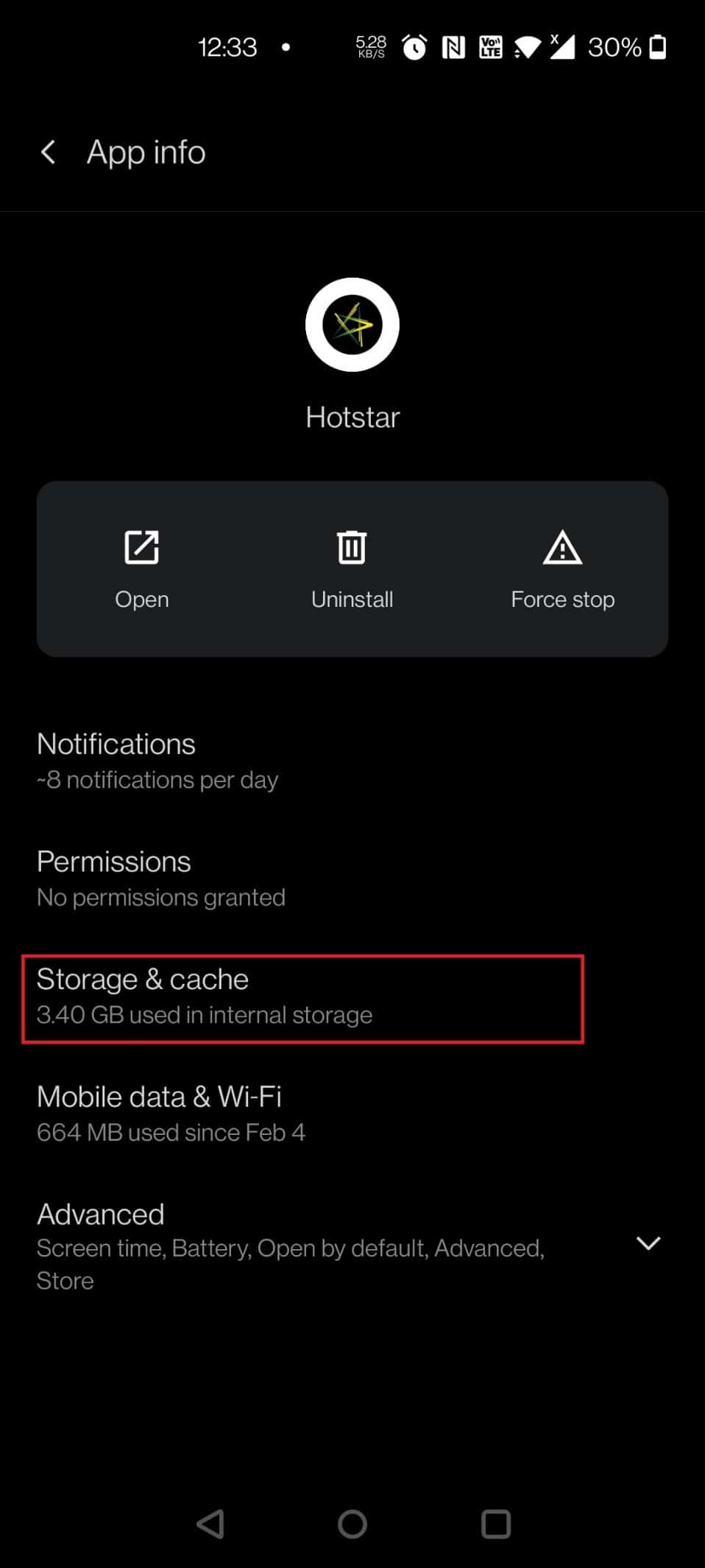 Tap on Storage and cache