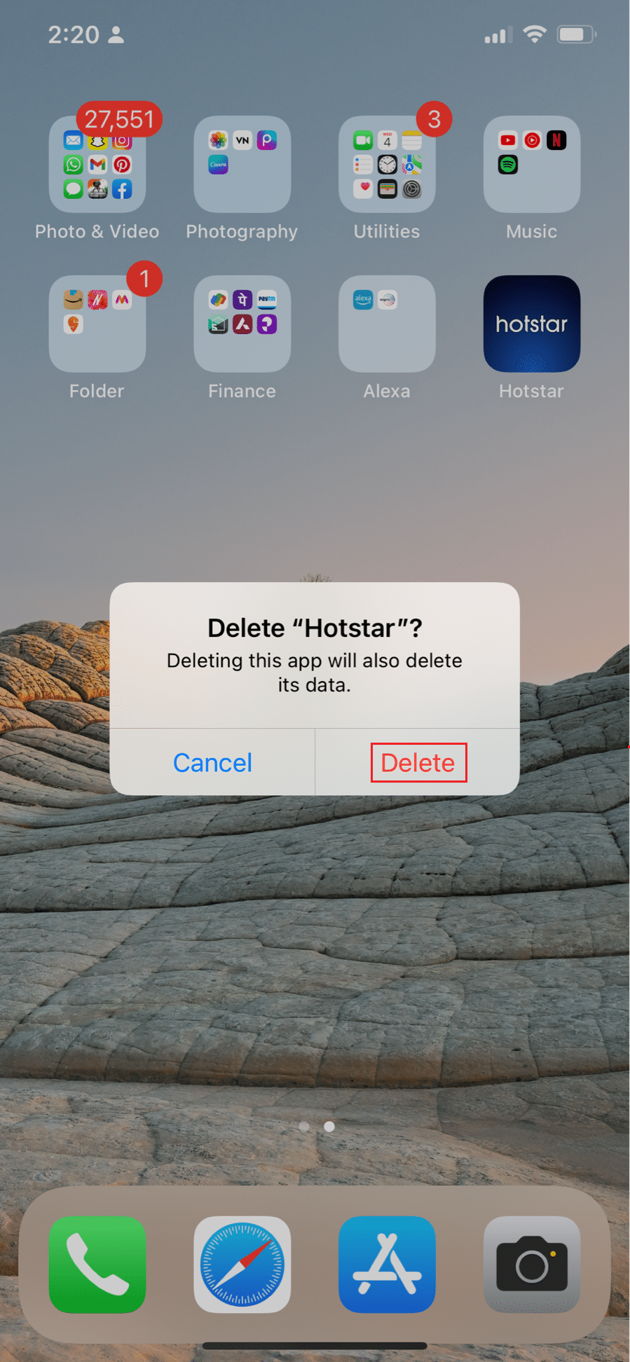 seleccione la opción de eliminar para desinstalar la aplicación hotstar en iPhone