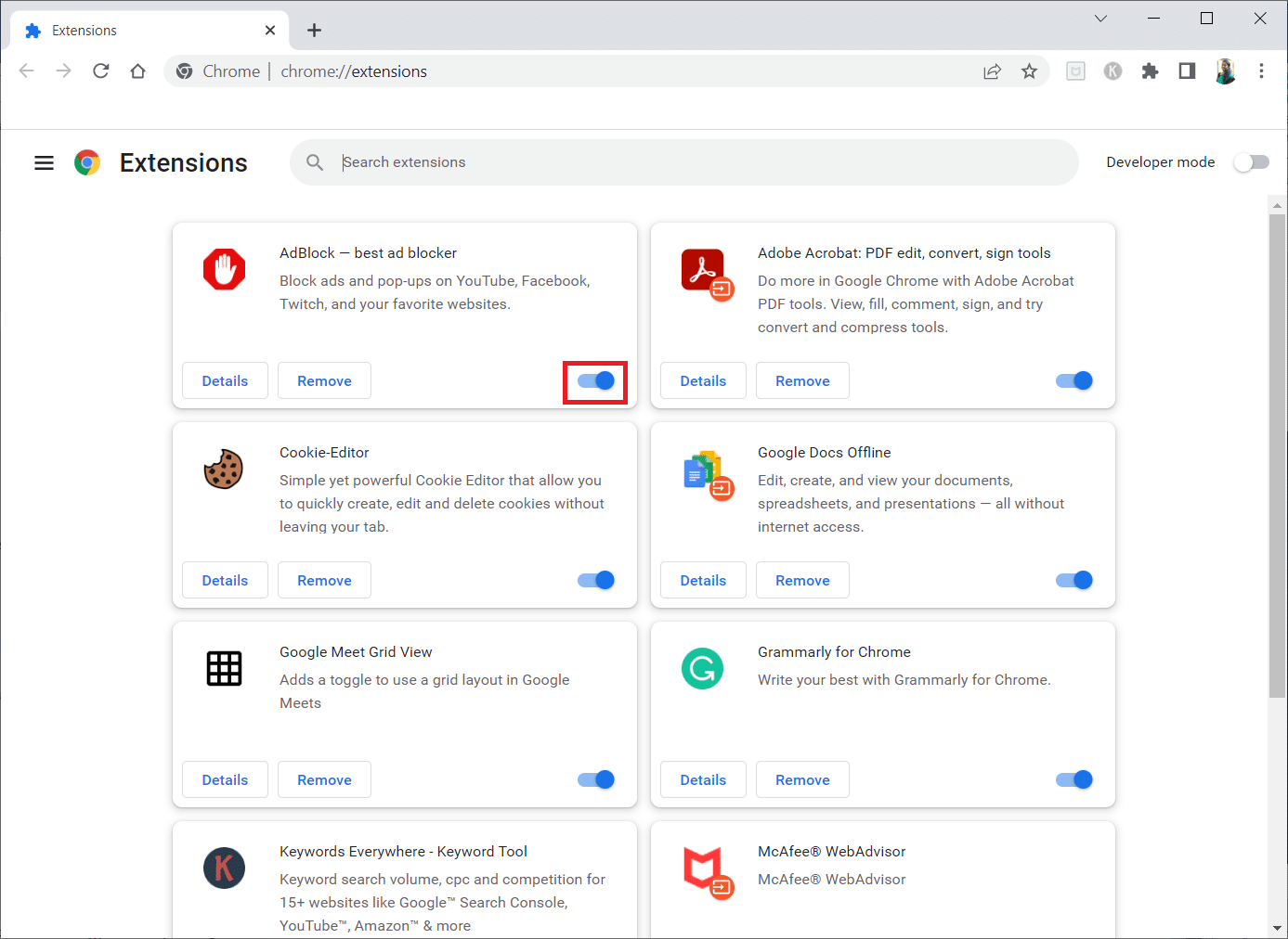 under the Extensions Menu, turn off the toggle for the Adblock extension