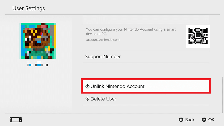 velg ønsket Nintendo-konto og klikk på alternativet Unlink Nintendo Account