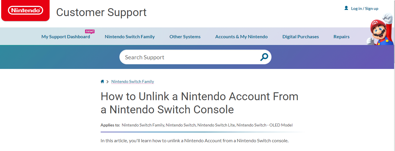 Служба поддержки клиентов Nintendo | Как отсоединить учетную запись Nintendo от Switch