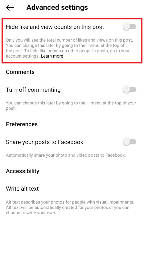 advanced settings on Instagram to hide likes