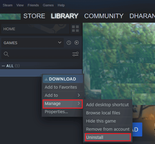 select manage then uninstall in Steam