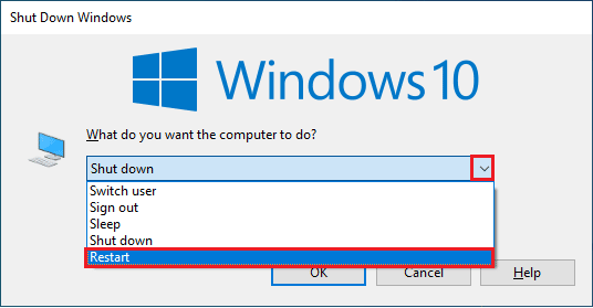 select Restart option from the drop down menu and hit Enter.