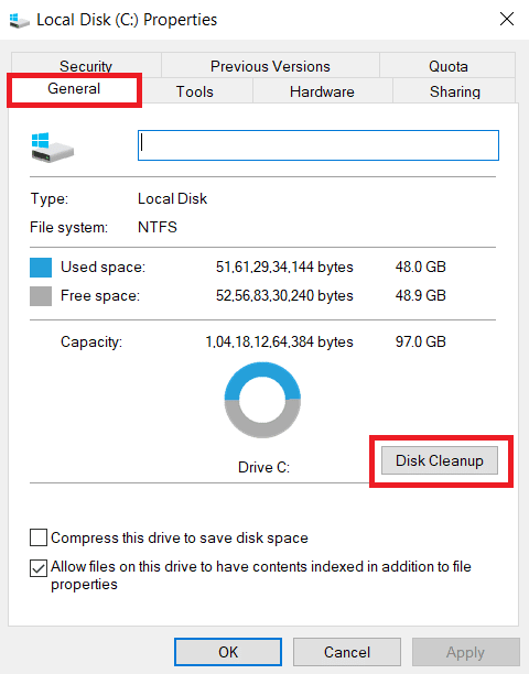 click the Disk Cleanup button