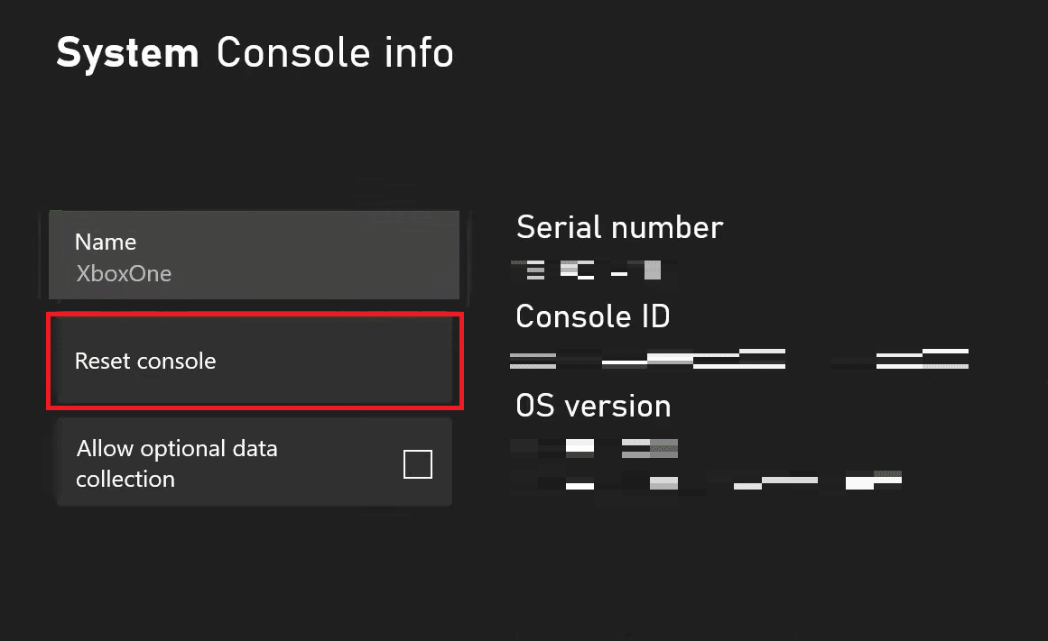 Select the Reset console option