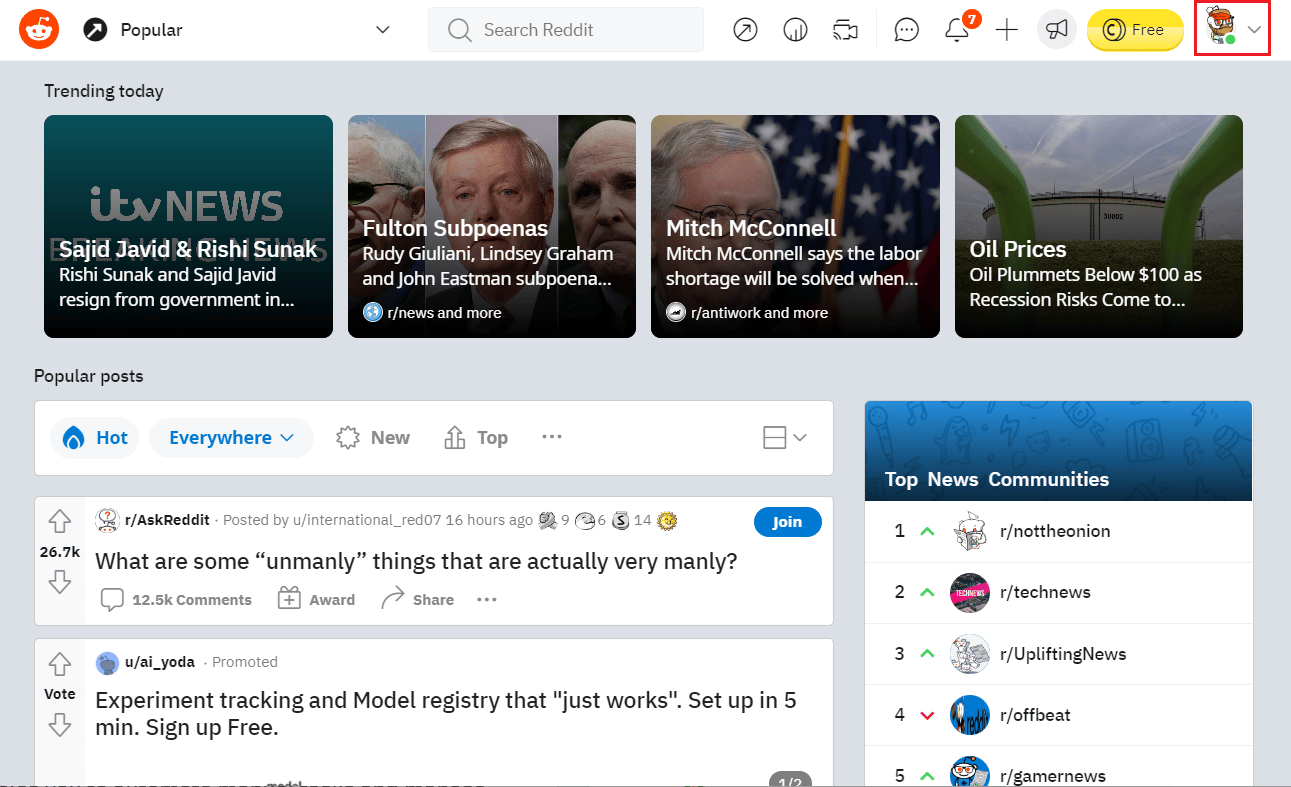 Click on the Profile icon from the top right corner | How Do I Delete History on Reddit App
