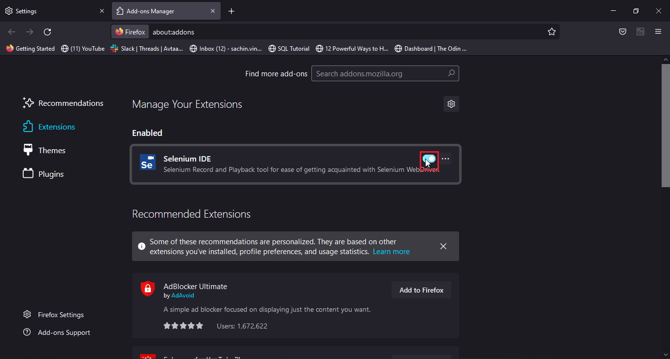 click on the toggle next to a extension to disable an extension