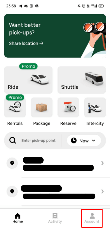 Tap on Account at the bottom right corner | Is There Any Uber Free Ride Hack?