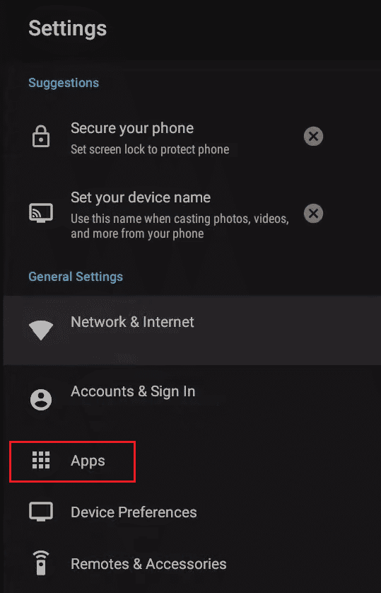 select apps setting in android tv. Fix Sling TV Error 4 310