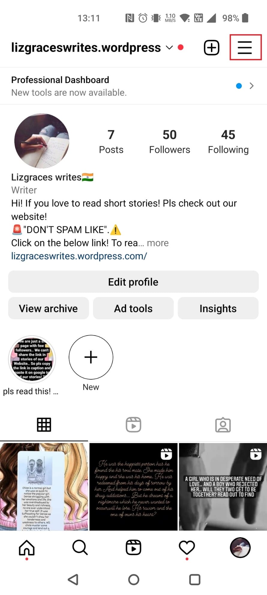 Tap on three horizontal lines at the top right corner | clearing cache delete pictures on Instagram