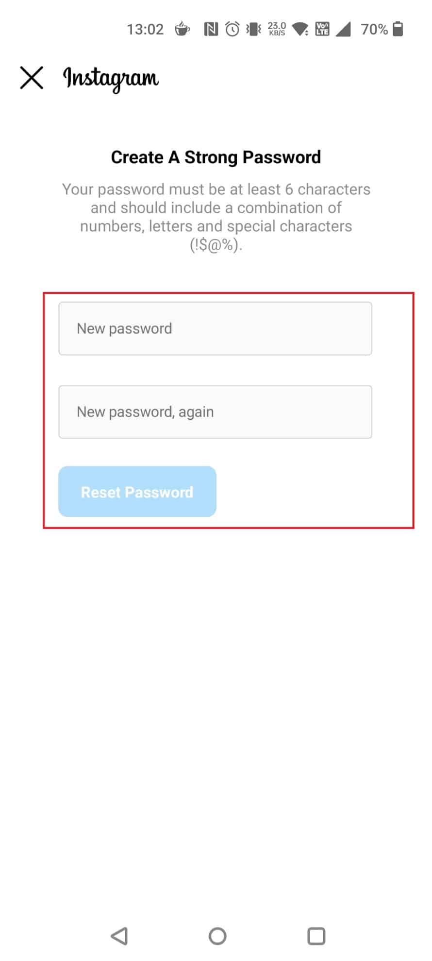 Enter and re-enter a new password. Tap on Reset Password | How to Login to Instagram without Phone Number and Email