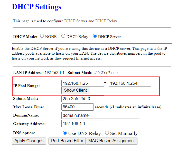 On router webpage, Increase DHCP range of Network Address