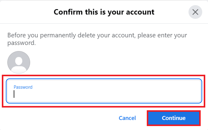 Enter the Password and click on Continue | delete Facebook account without waiting 14 days
