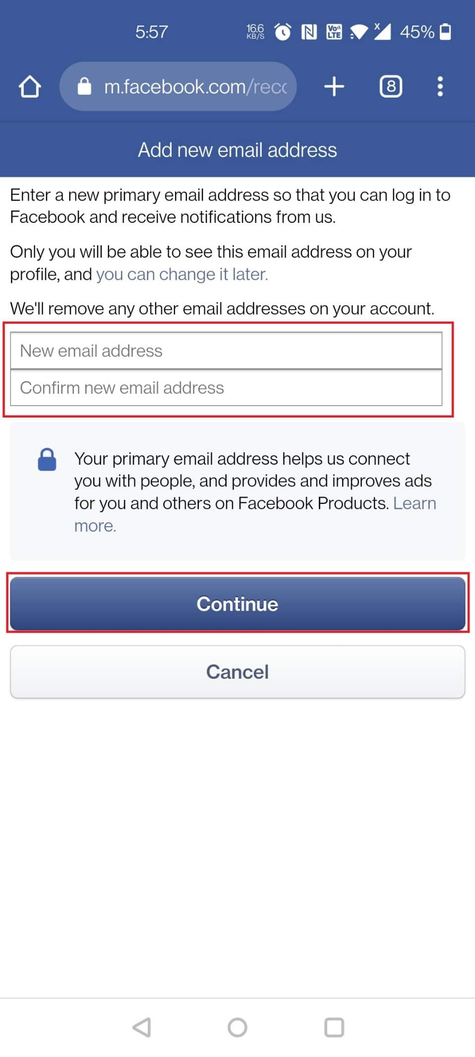 type your new email address twice and tap on Continue | How to Change Phone Number on Facebook