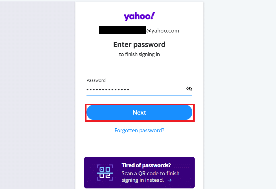 Введите свой адрес электронной почты Yahoo и пароль и нажмите «Далее».