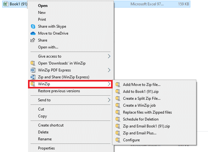когда вы щелкаете правой кнопкой мыши по любому файлу на вашем компьютере из опции WinZip, вы получаете несколько других опций, и вы можете выбрать соответствующий