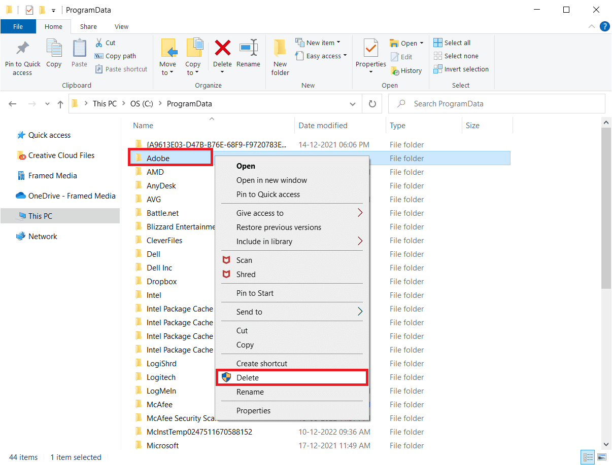 Right-click on the Adobe folder and click on Delete to delete the folder