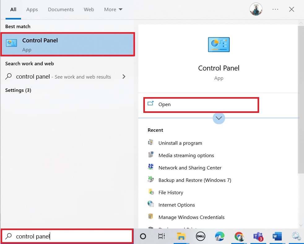 Search for Control Panel in the Windows search bar and click on Open