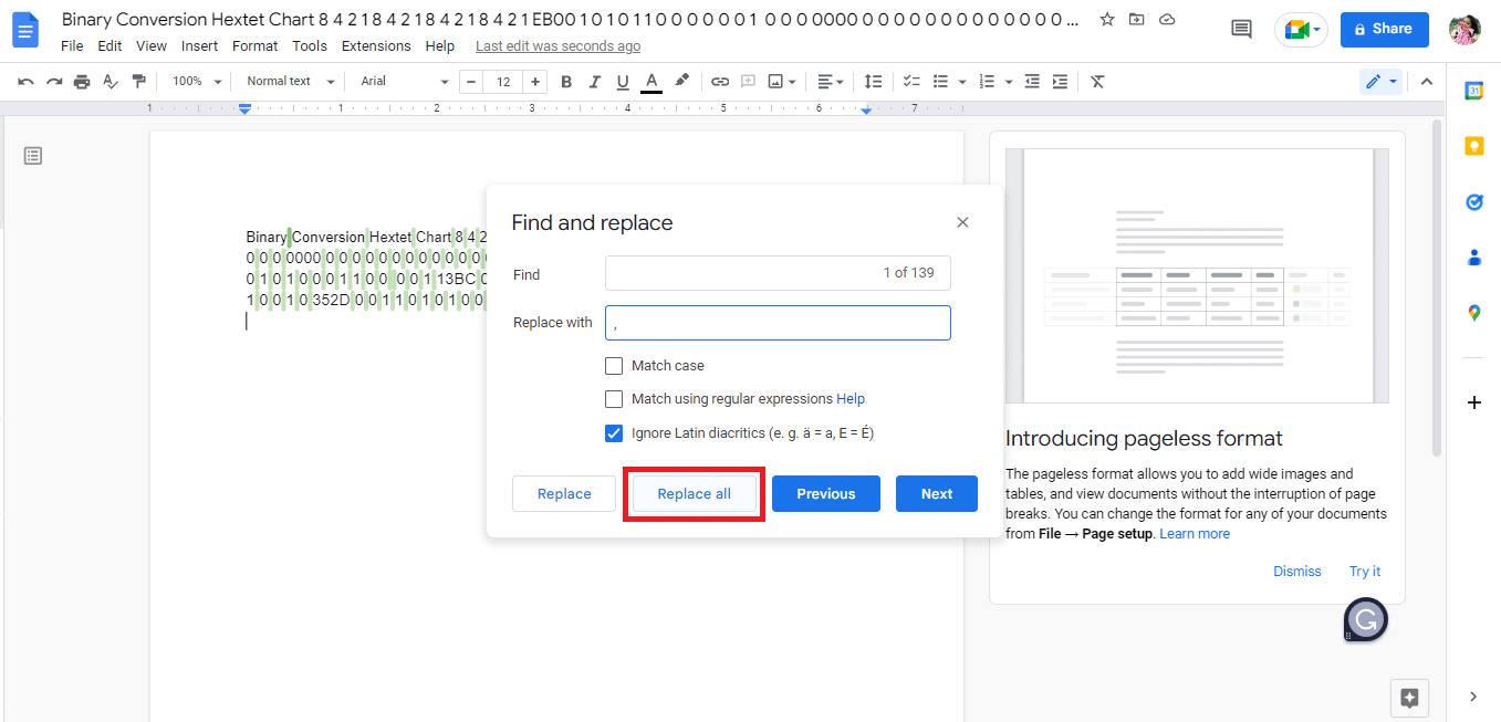 Replace all option ကိုနှိပ်ပါ။ PDF ကို Google Sheets သို့ပြောင်းရန် နည်းလမ်း 3 ခု
