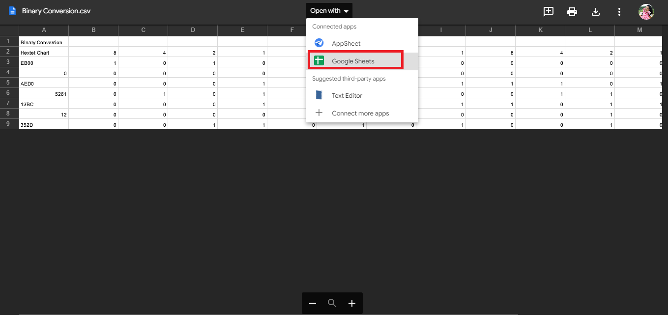 click on open with Google sheets option