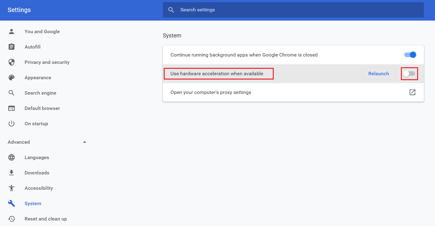 switch off toggle for use hardware acceleration when available chrome settings