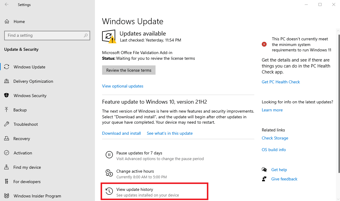 Scroll down and click on View update history
