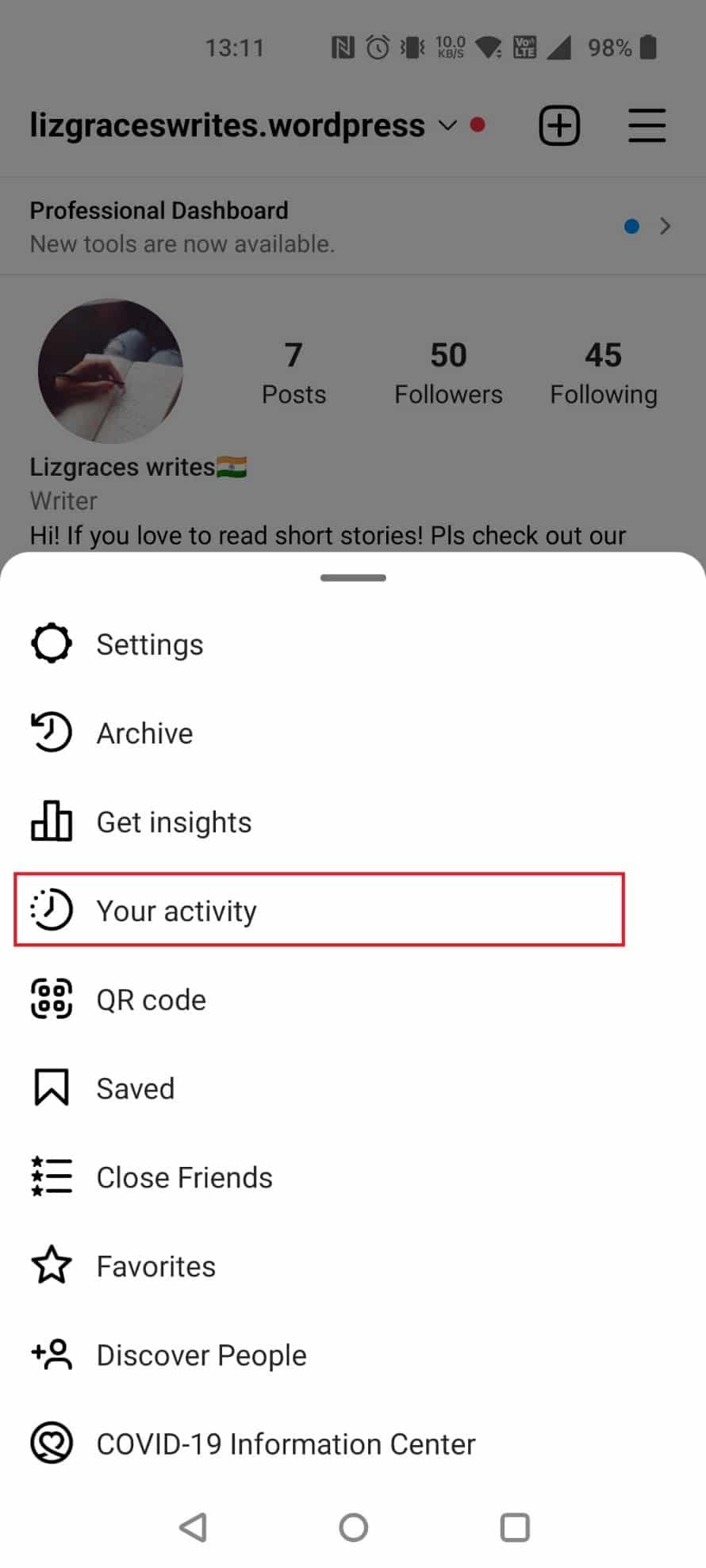 select Your activity | change date and time on Instagram automatically