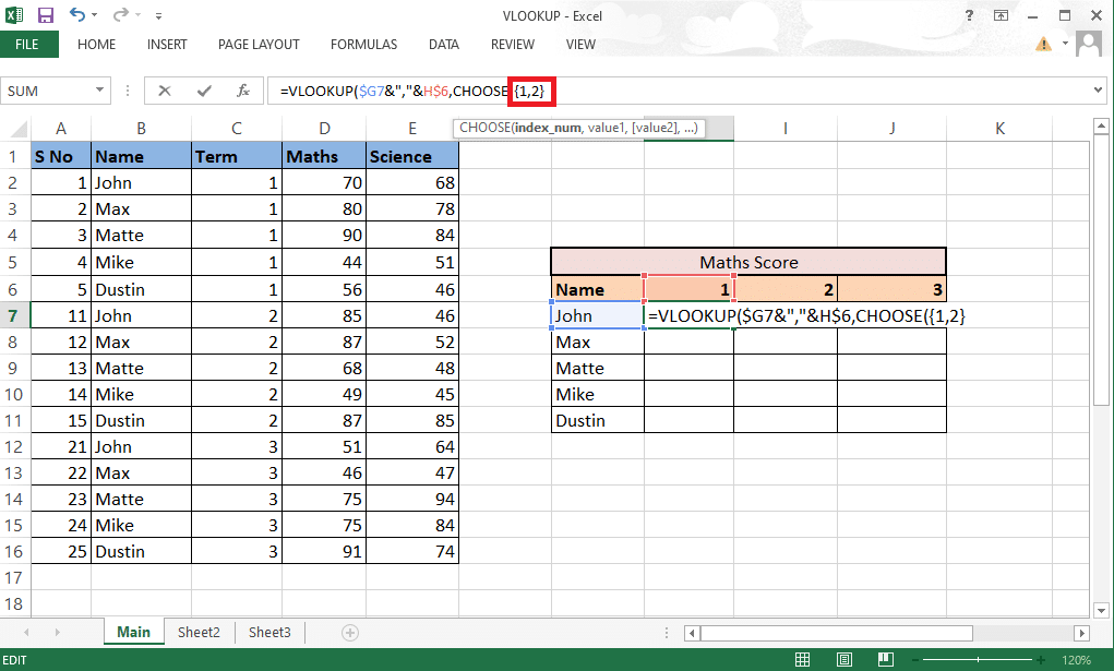 Type 1,2 in curly brackets as index_num to create a combination 