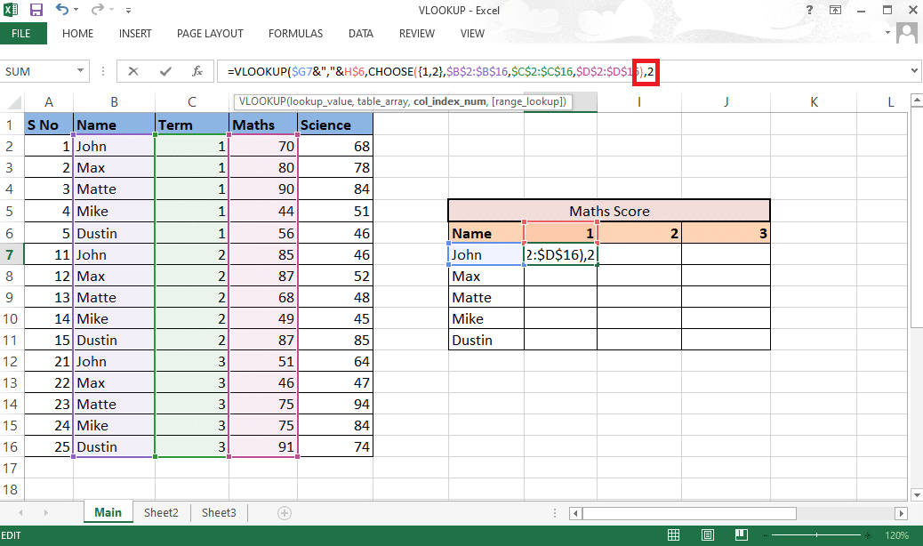 Type comma (,) and move to the col_index_num argument, mention 2 as Maths is the 2nd column from the source column | How to Use VLOOKUP with Multiple Criteria