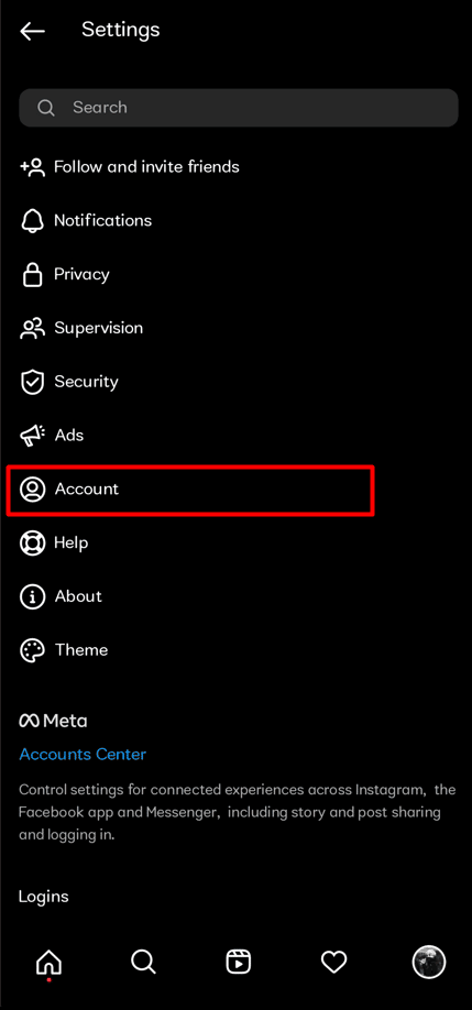 After that, select the Account option to access it |