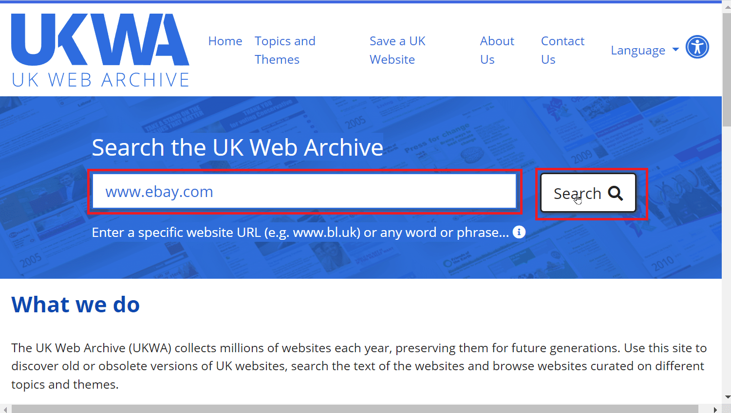search UK web archive on search bar and click search