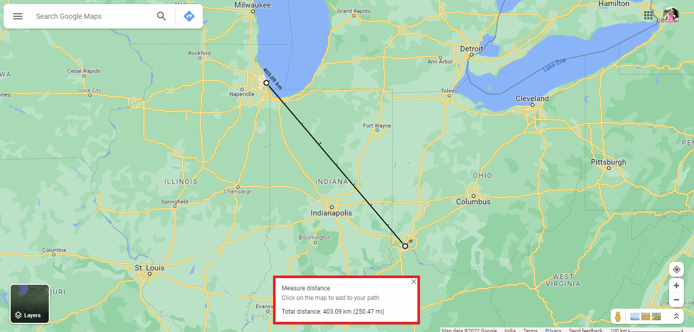 Wie Sie sehen, beträgt die Entfernung zwischen Cincinnati und Chicago 250,47 Meilen