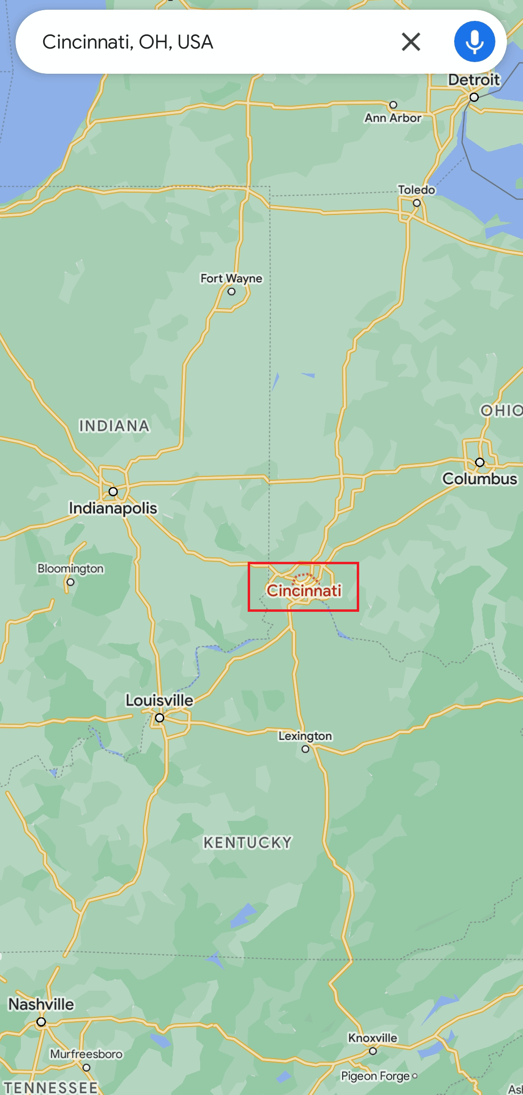 Finden Sie Cincinnati auf der Karte | auf halber Strecke zwischen zwei Orten