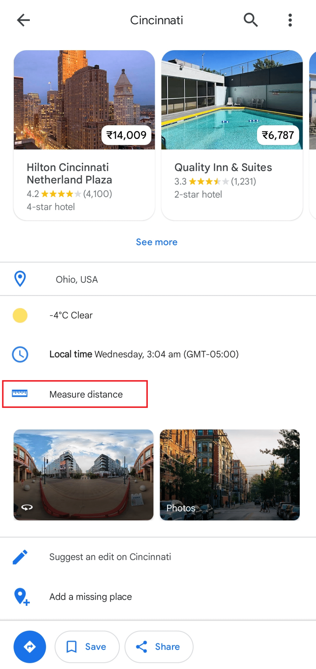 Scroll the description to find the Measure distance option | halfway between two places