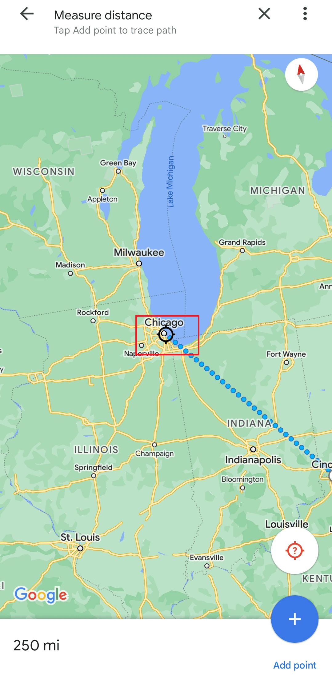 Suchen Sie auf der Karte nach Chicago, um die Entfernung zu messen | auf halbem Weg zwischen den Städten