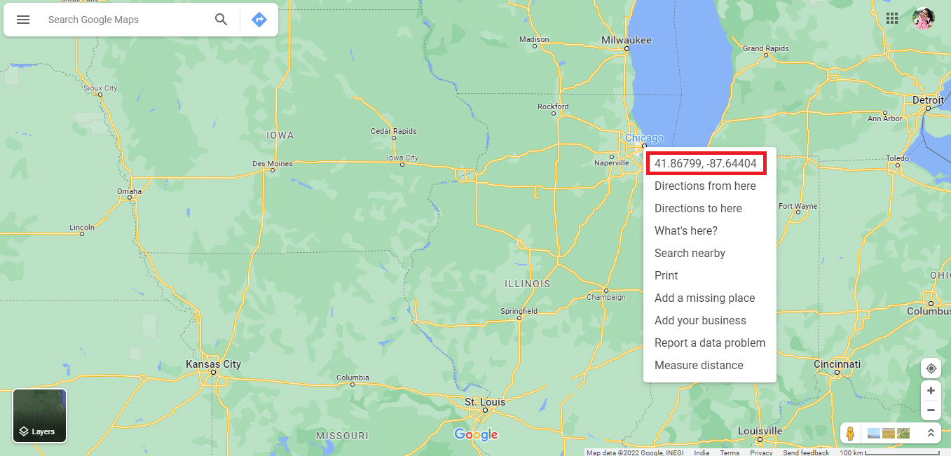 Note down the coordinates of Chicago in a similar way which are 41.86799, and -87.64404 | halfway point between cities