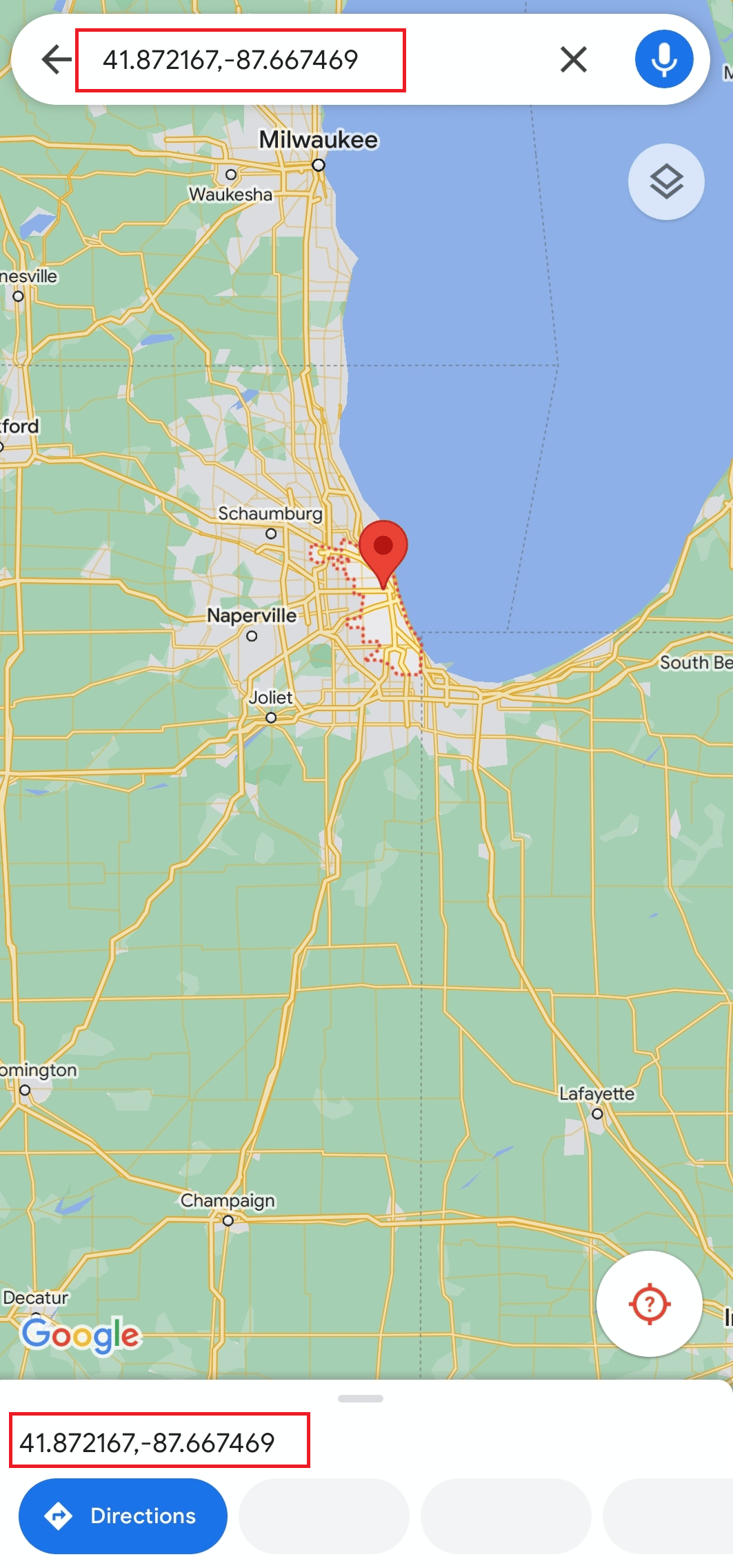 Suchen Sie nach Chicago und drücken Sie lange auf den Standort auf dem Bildschirm Ihres Mobilgeräts, um die Koordinaten zu erhalten (41,87216, - 87,66746).