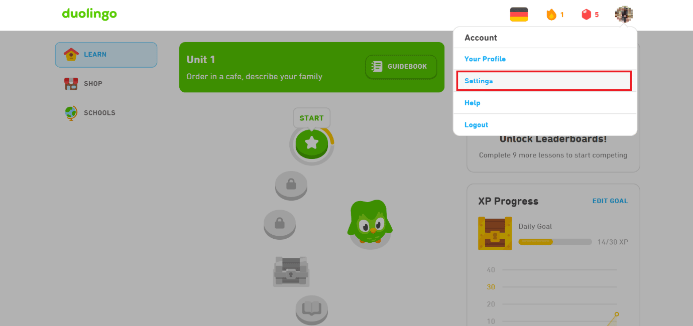 Selectați Setări | Cum să ștergeți contul Duolingo