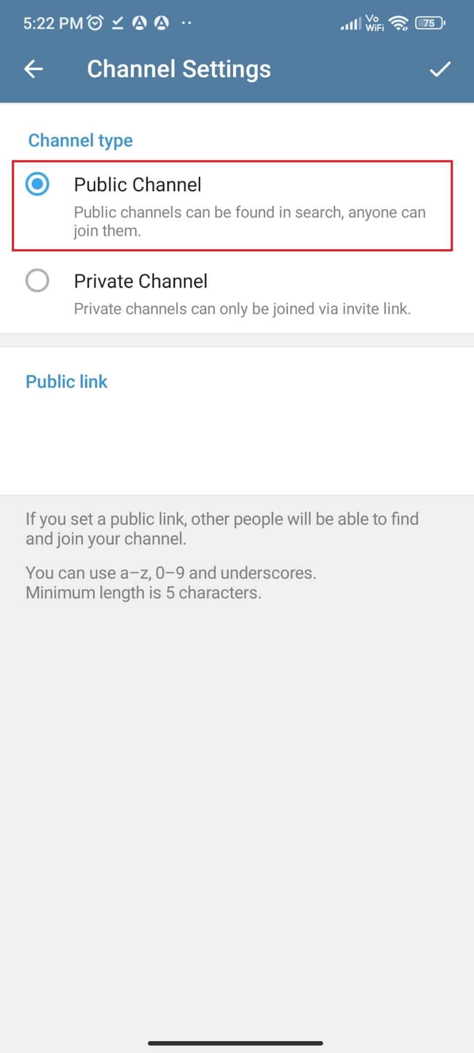 Tap on the Public Channel if you want a public channel 