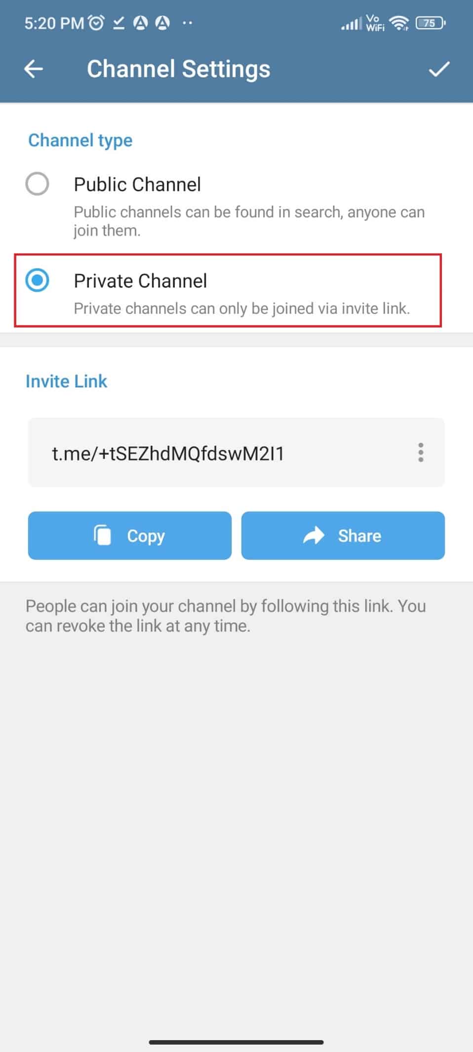 Tap on the Private Channel to create a private channel. How to Create Telegram Channel