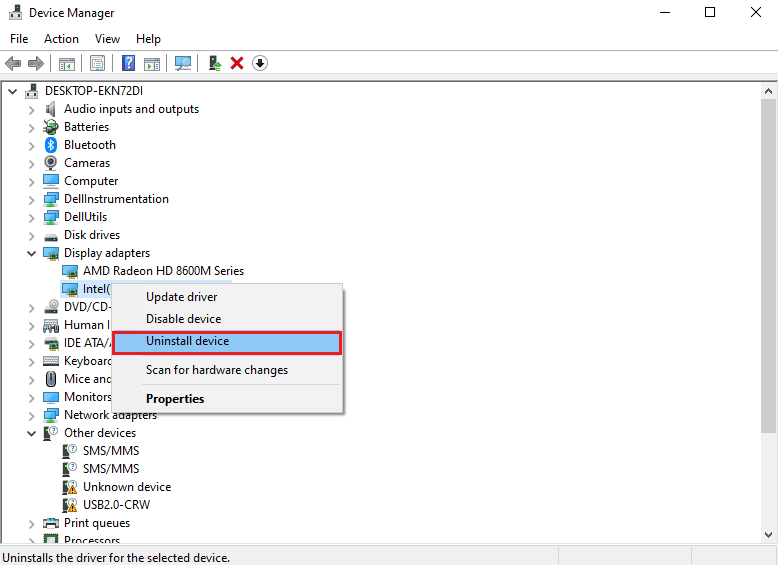 Click on Uninstall device. Fix Machine Check Exception Error in Windows