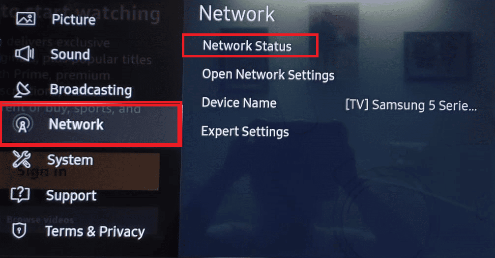 Settings Network Status Samsung TV