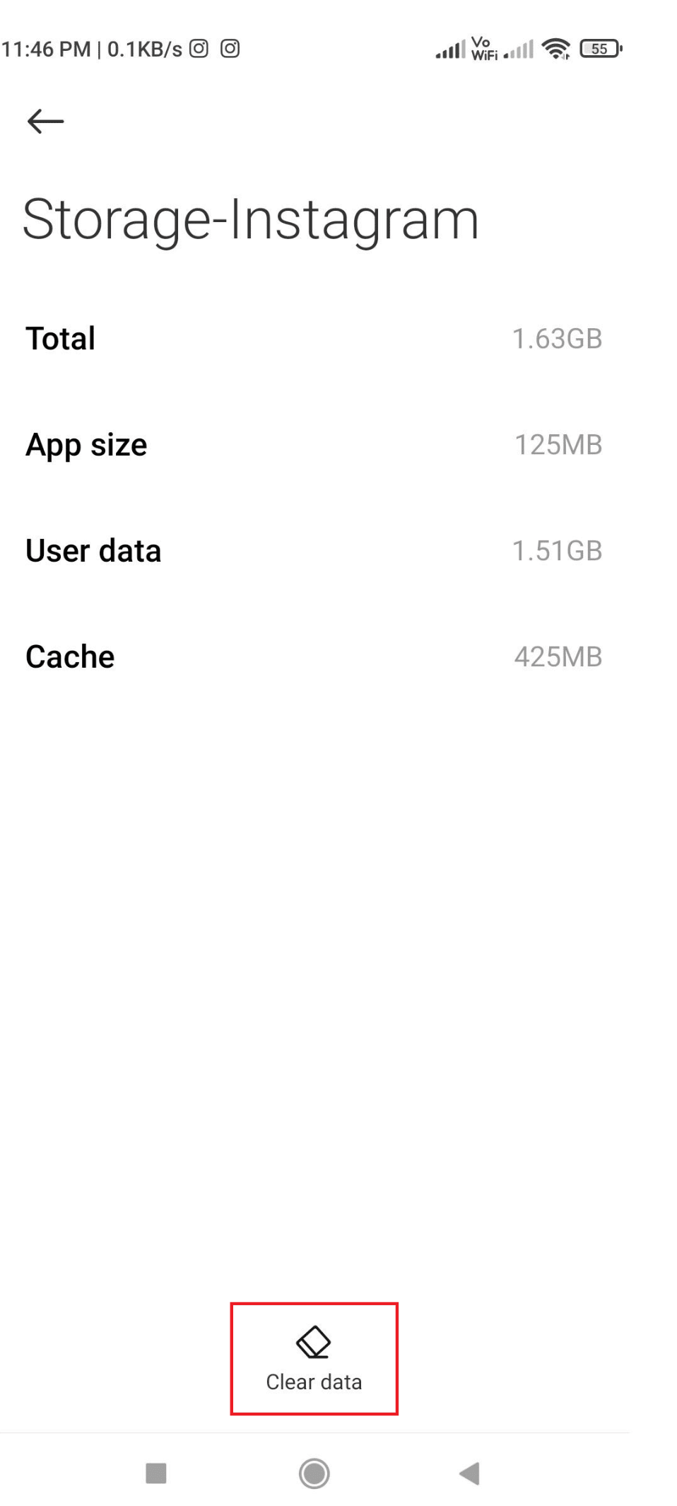 On the bottom of the Storage-Instagram page, tap on Clear data.