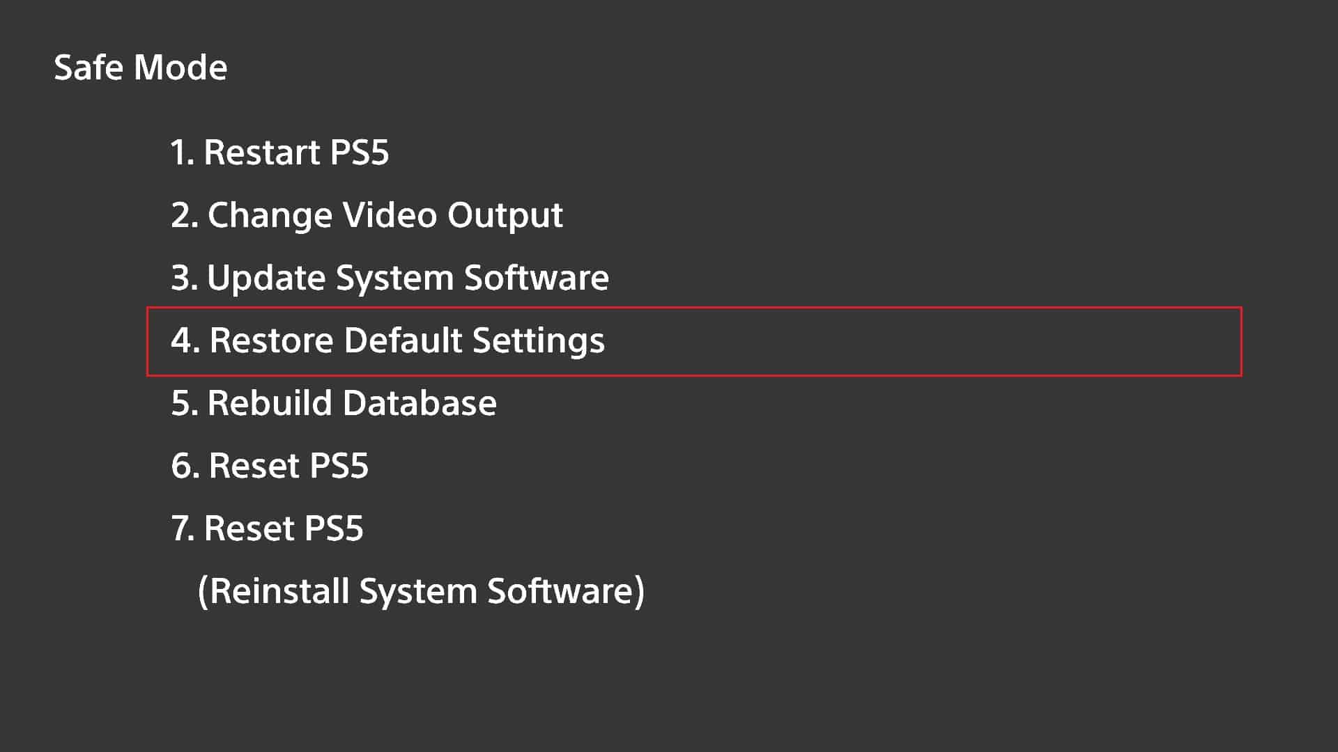 ps5 herstelt de standaardinstellingen in de veilige modus. Fix PS5 Knipperend wit lichtfout