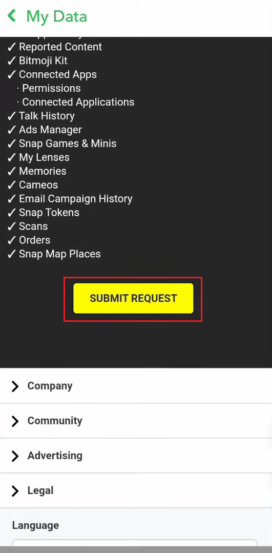 Swipe down and tap on SUBMIT REQUEST | How to Recover Deleted Snapchat Memories